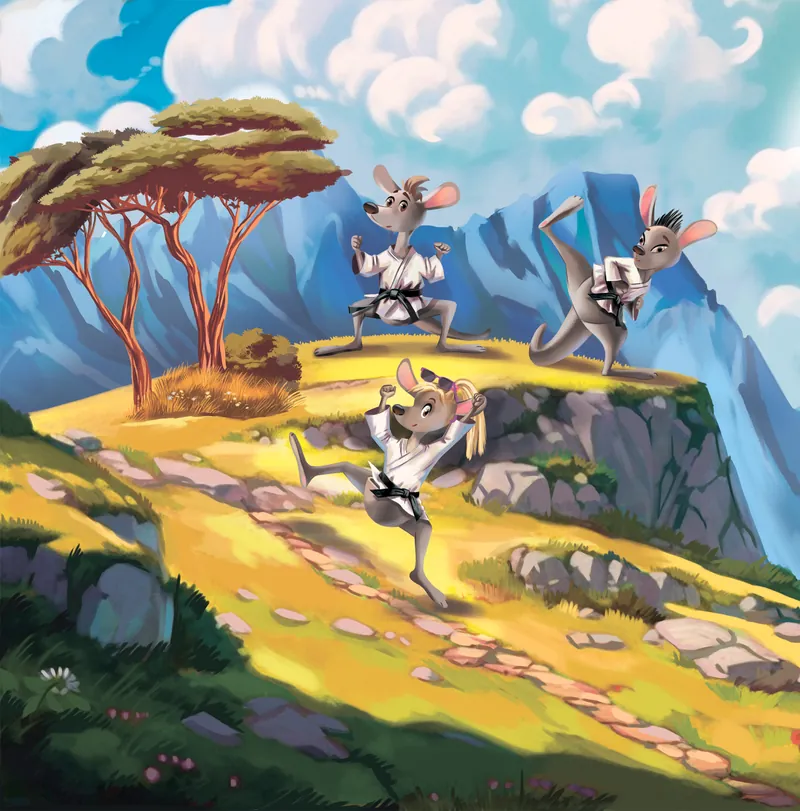The Taekwonderoos practicing kicks on a sunny mountainside
